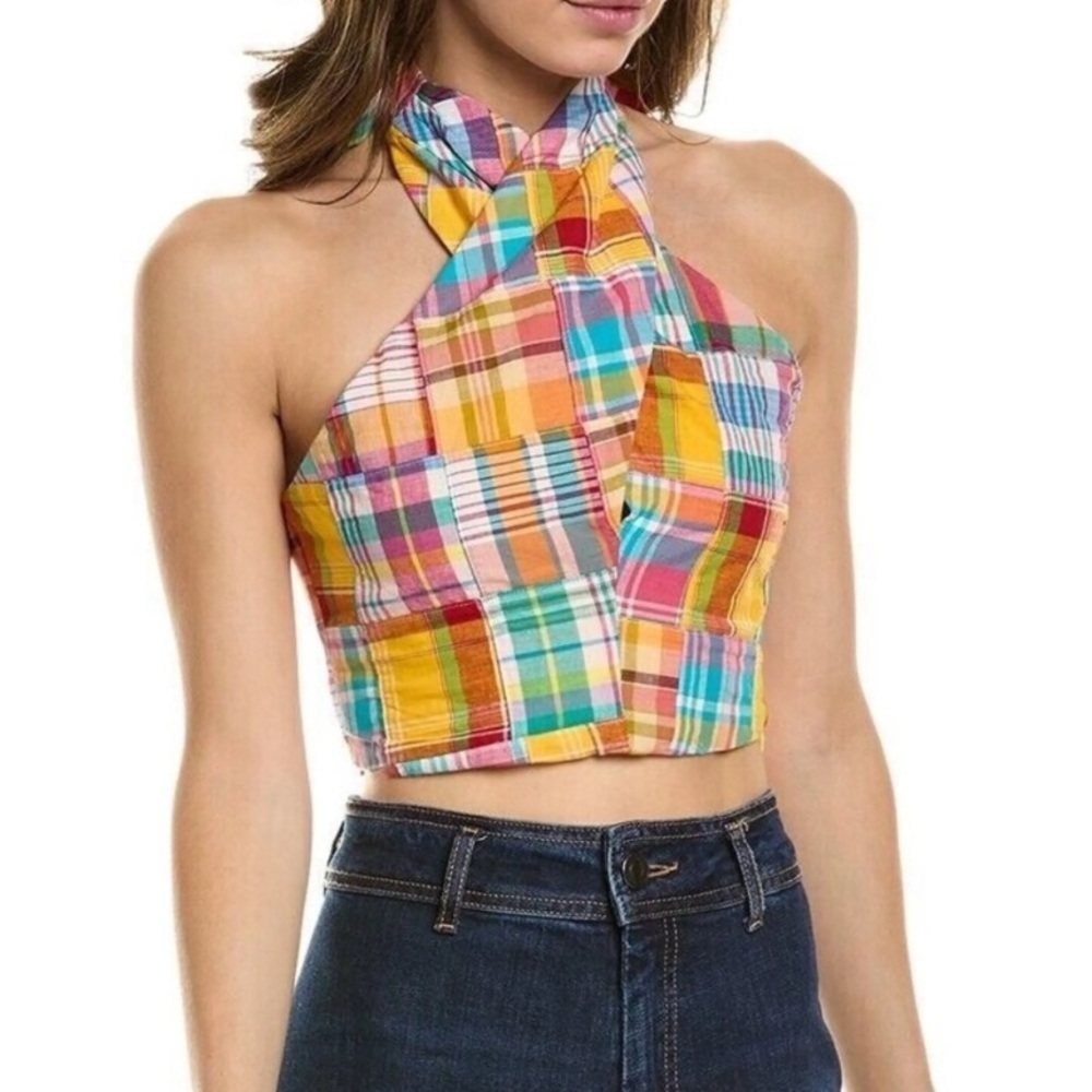 STAUD Multicolor Plaid Halter Crop Top — Yellow, Pink, Blue